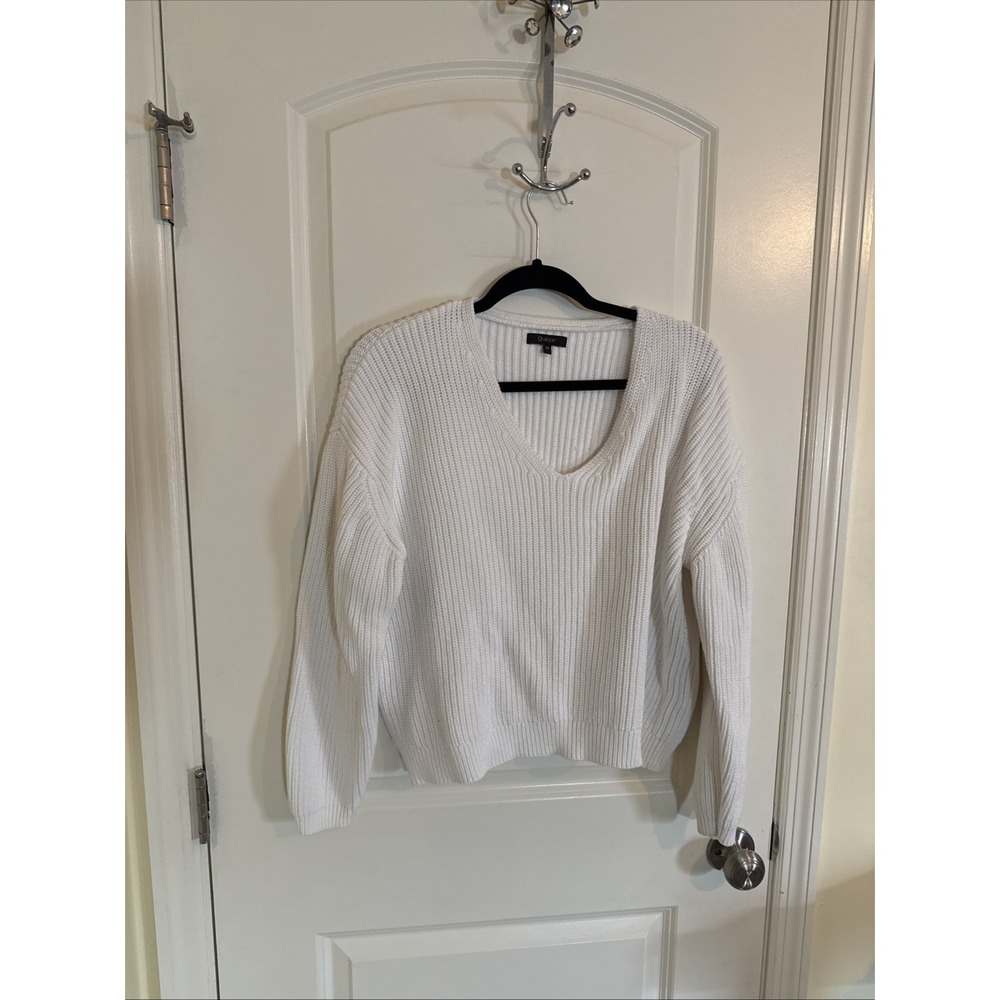 Quince Women 100% Organic Cotton Fisherman V-Neck Sweater White Size Medium